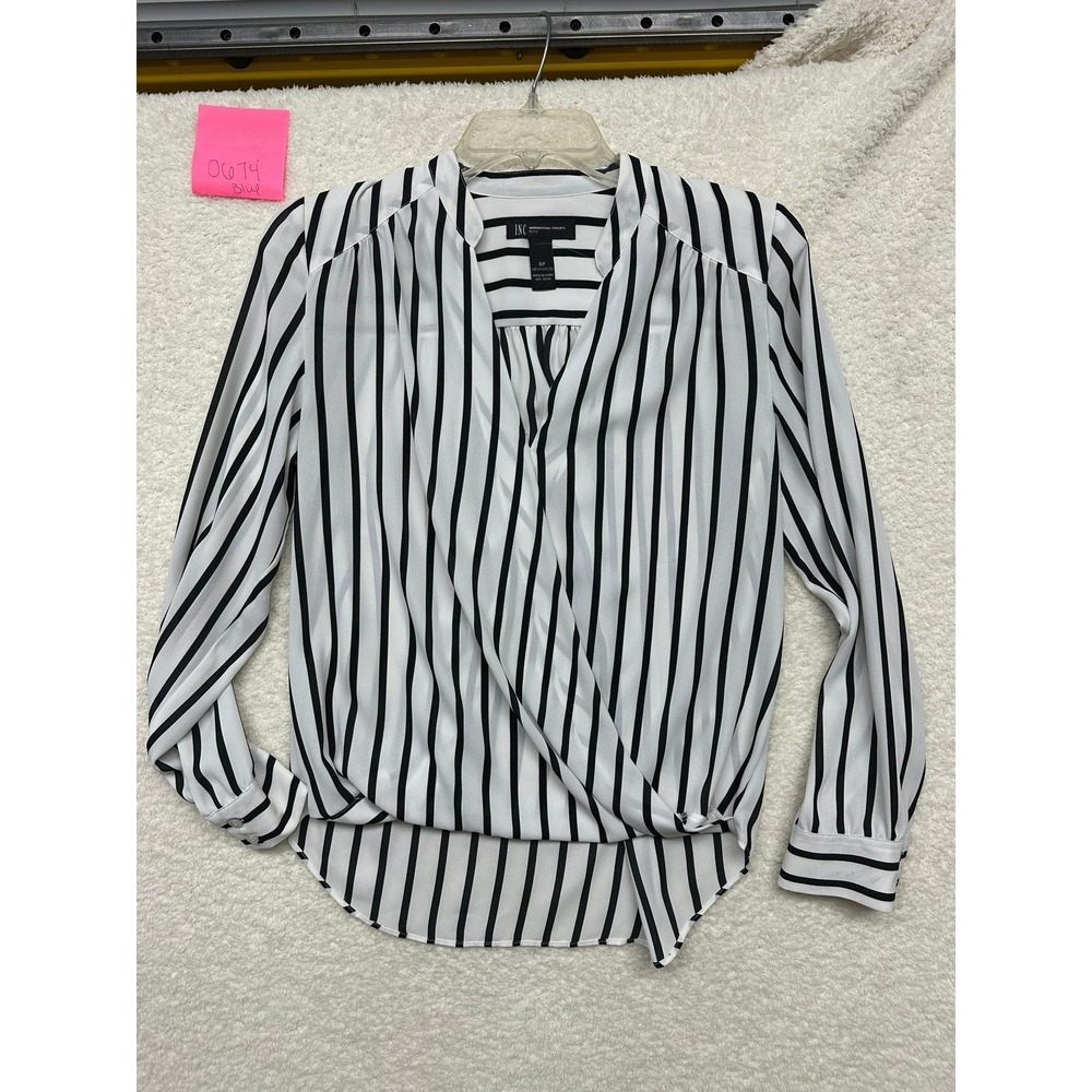 INC International Concepts Petite Black White Striped Surplice Blouse 6P Top